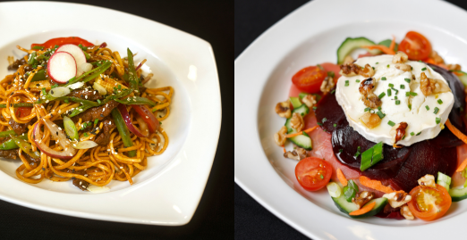 Photo-collage-Stir-fried-vegetables-and-egg-noodles-and-spring-salad-consisting-of-beetroot-goats-cheese-and-walnut-salad