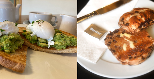 Photo-collage-of-avocado-and-egg-on-toast-and-buttered-teacake