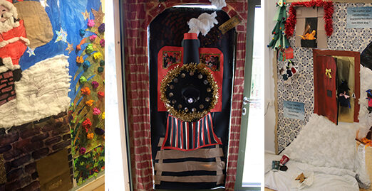 Assortment of Christmas doors featuring Santa, chimney and polar express