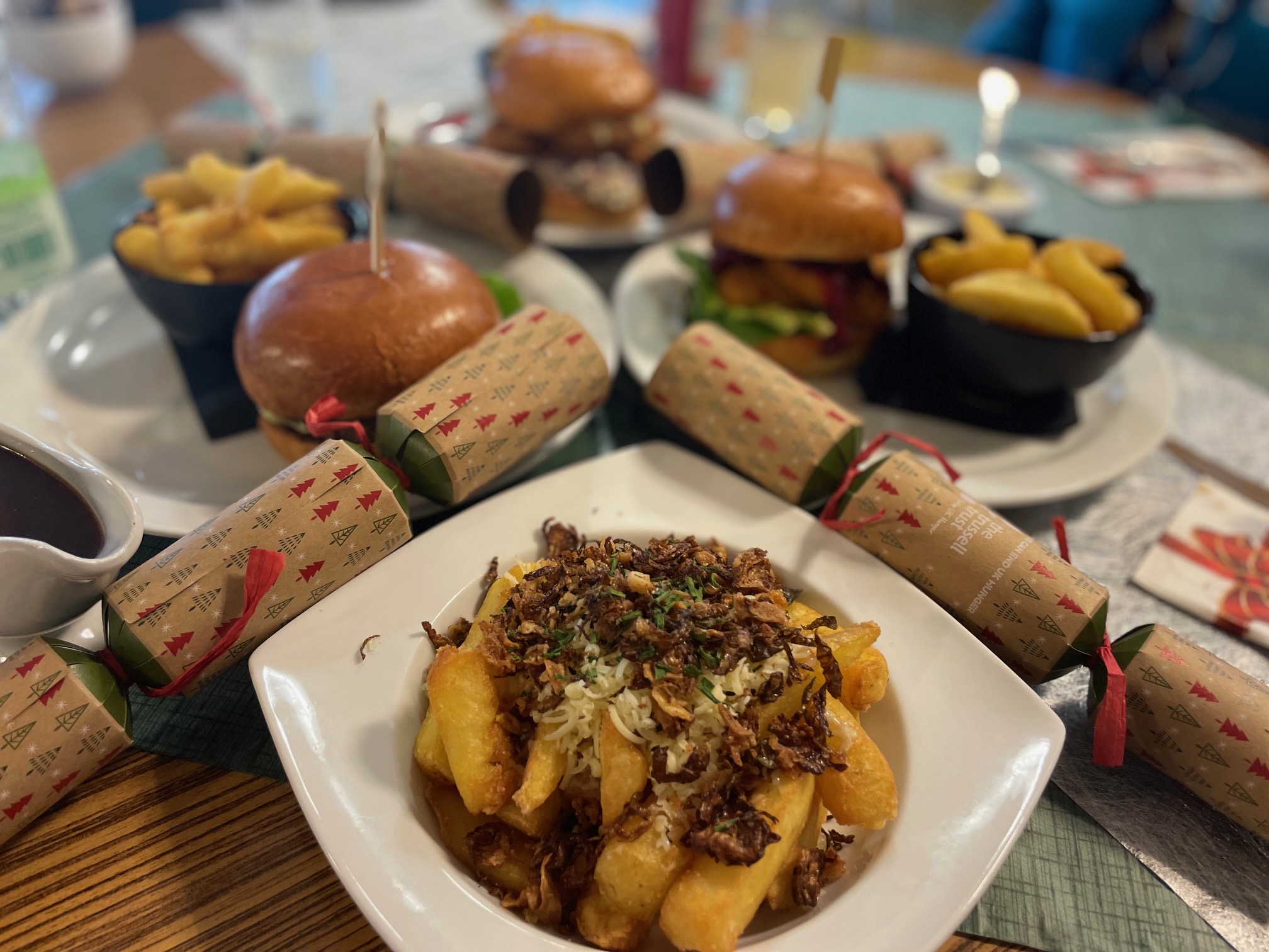Photo of Christmas food featuring xmas themed chips and burgers