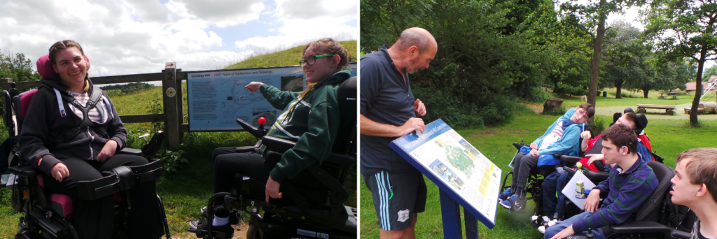 Photo collage - Two female students smiling with hills in the background and Richard speaking to male students ahead of a hike